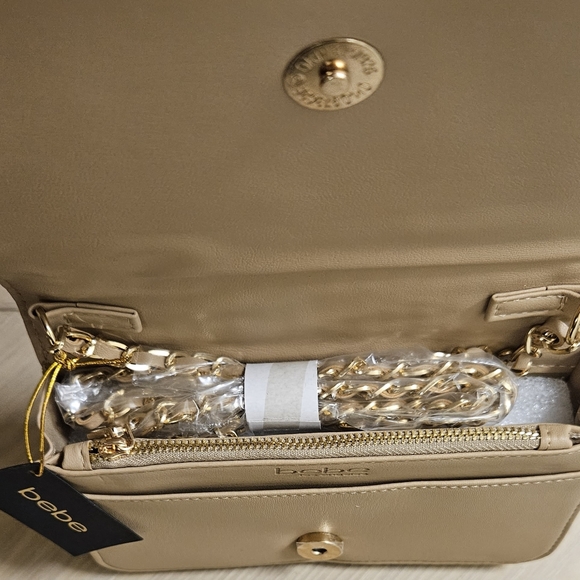 Bebe ALIAH Crossbody Bag Faux Leather Logo Leather Beige NWT - Picture 6 of 7